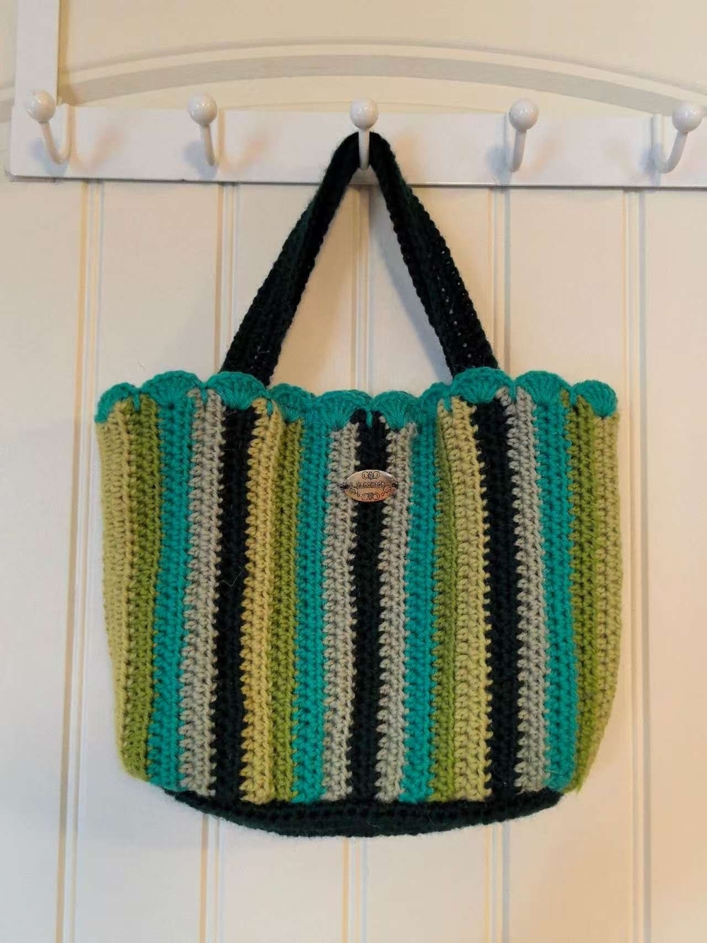 Striped Crochet Tote Bag in Teal, Green & Black
